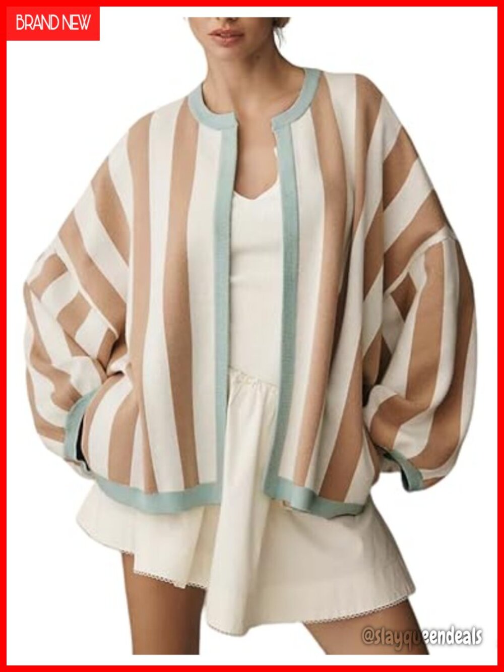 Womens Striped Open Front Cardigan Long Balloon Sleeve Knit Sweater